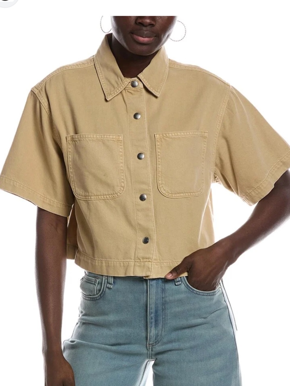Madewell Short-Sleeve Cropped Button-Down Boxy Shirt in Beige